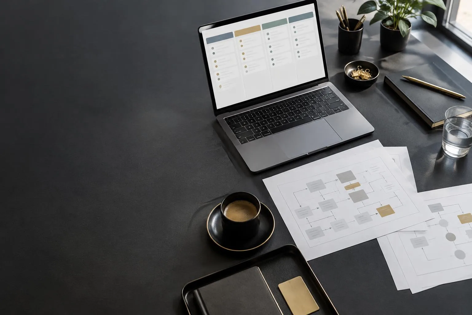 CRM-Prozessplanung mit Laptop und strukturierten Workflow-Unterlagen
